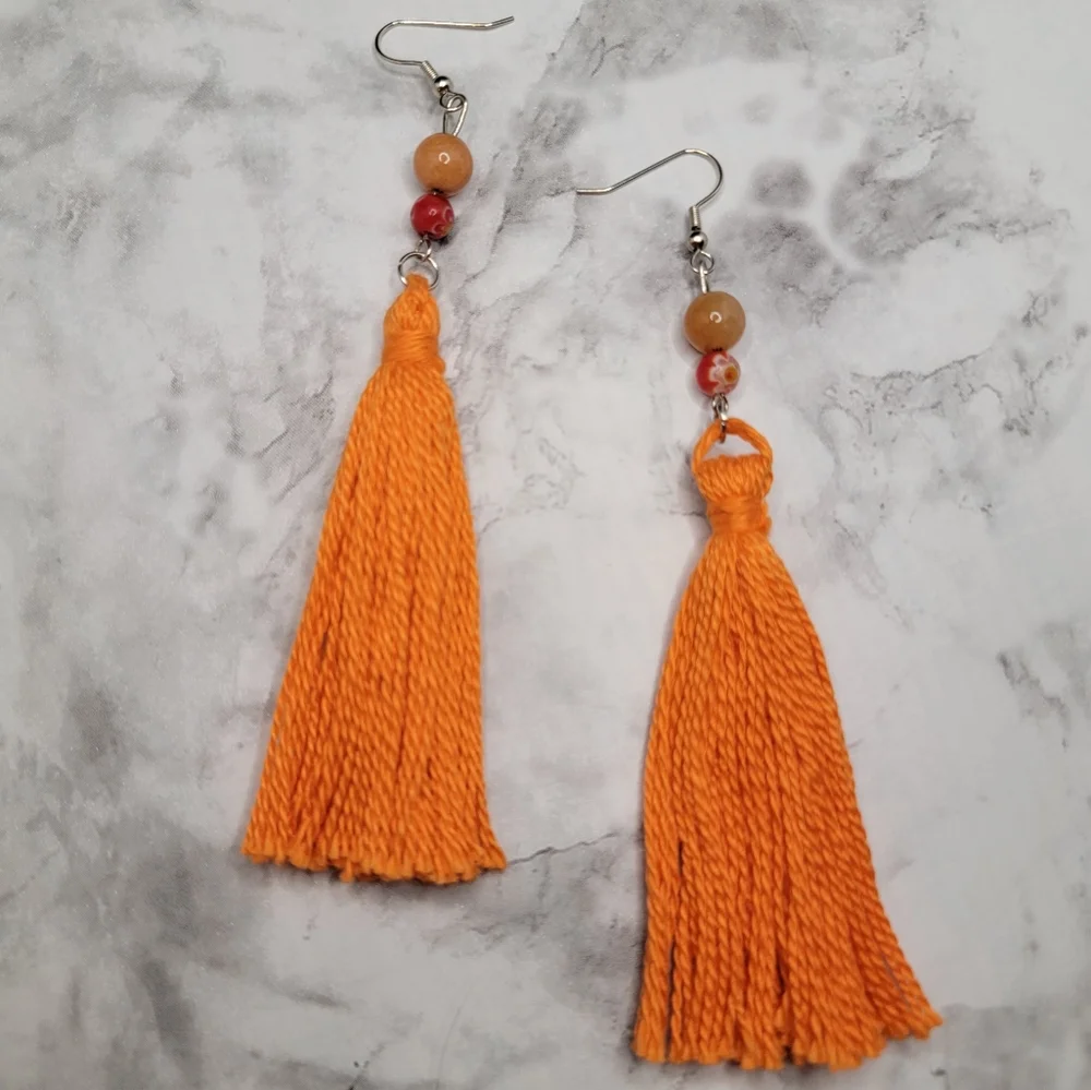 Handmade Tassel Earrings Orange Glass and Stone Bead